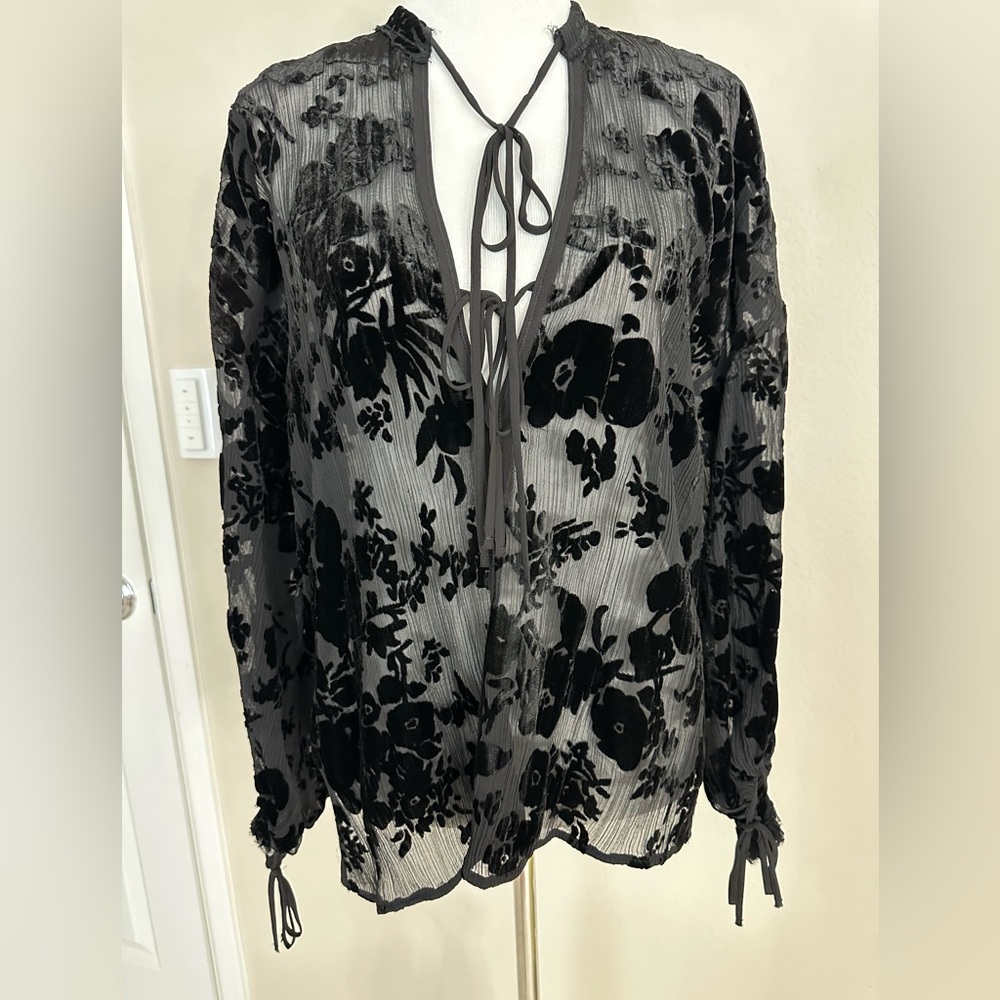 Zara Black Floral Sheer Blouse Sz S